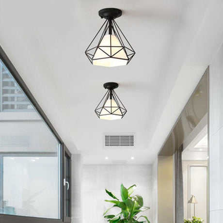 Vintage Diamond Shaped Metal Ceiling Light With Fabric Cone Shade - Single Flush Mount Fixture