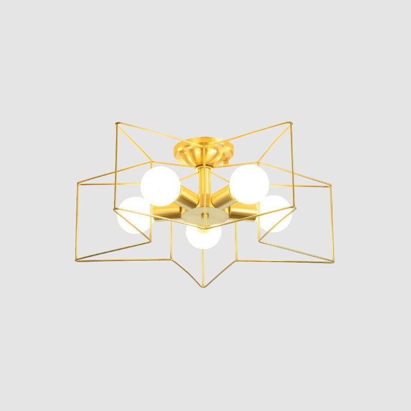 Industrial Style Metal Star Cage Flush Mount In Gold - Bedroom Ceiling Lighting
