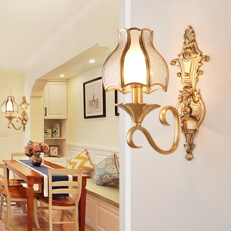 Traditional Floral Wall Mount Light Fixture With Gold Ripple Glass