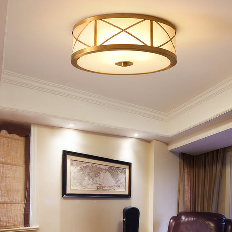 Classic Gold Glass Drum Flush Mount Lighting Fixture - Perfect For Corridors / Small