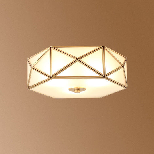 Opal Glass Geometric Flush Ceiling Light In Gold - 4 Bulb Fixture / 14’ B