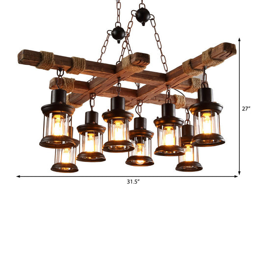 Vintage Style Black Lantern Chandelier With Clear Glass And Wood Frame - Ideal For Coffee Shops