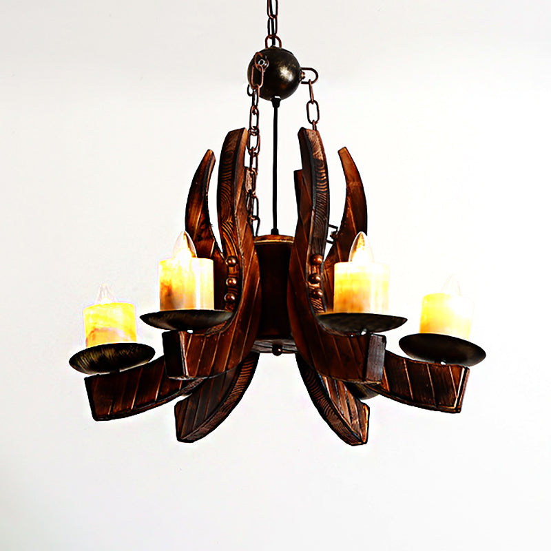 Rustic Marble Cylinder Pendant Chandelier – 4-Light Brown Hanging Fixture With Wood Accents For