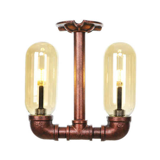 Amber Glass Semi Flush Industrial Dining Room Light Fixture In Weathered Copper - Capsule Shade 2 -