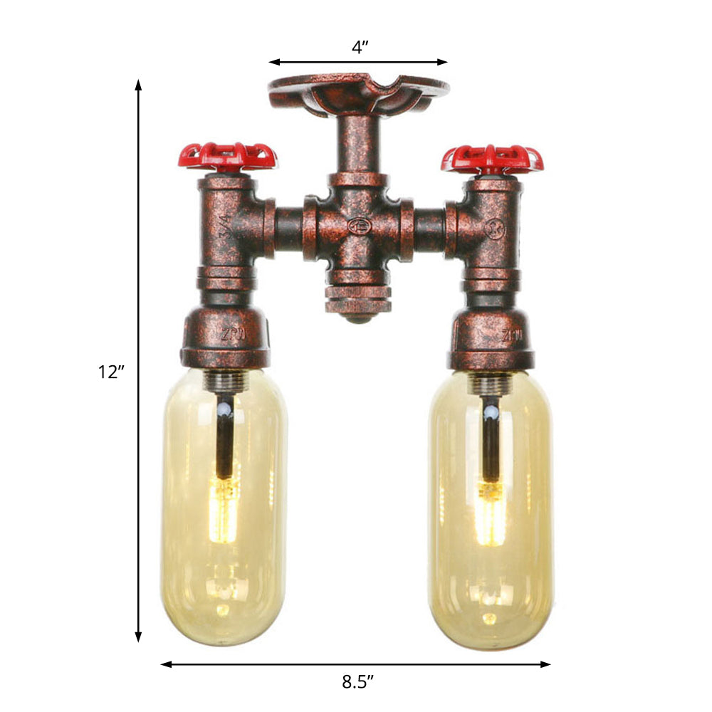 Amber Glass Semi Flush Industrial Dining Room Light Fixture In Weathered Copper - Capsule Shade