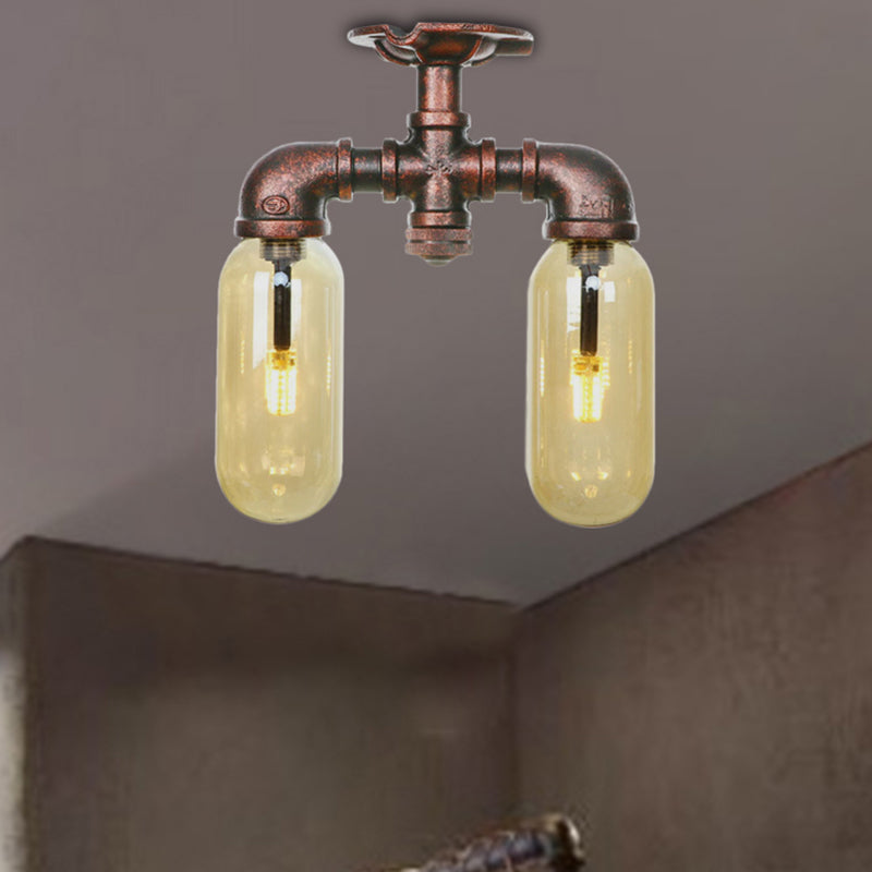 Amber Glass Semi Flush Industrial Dining Room Light Fixture In Weathered Copper - Capsule Shade 2 -