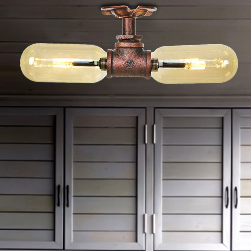 Rustic 2 - Bulb Kitchen Ceiling Light With Amber Glass Shade And Weathered Copper Pipe Design