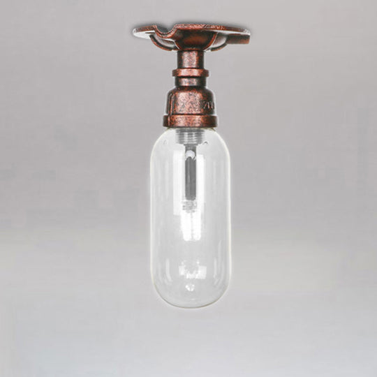 Industrial Bathroom Semi Flush Ceiling Light Fixture With Clear Glass Oval Shade In Weathered