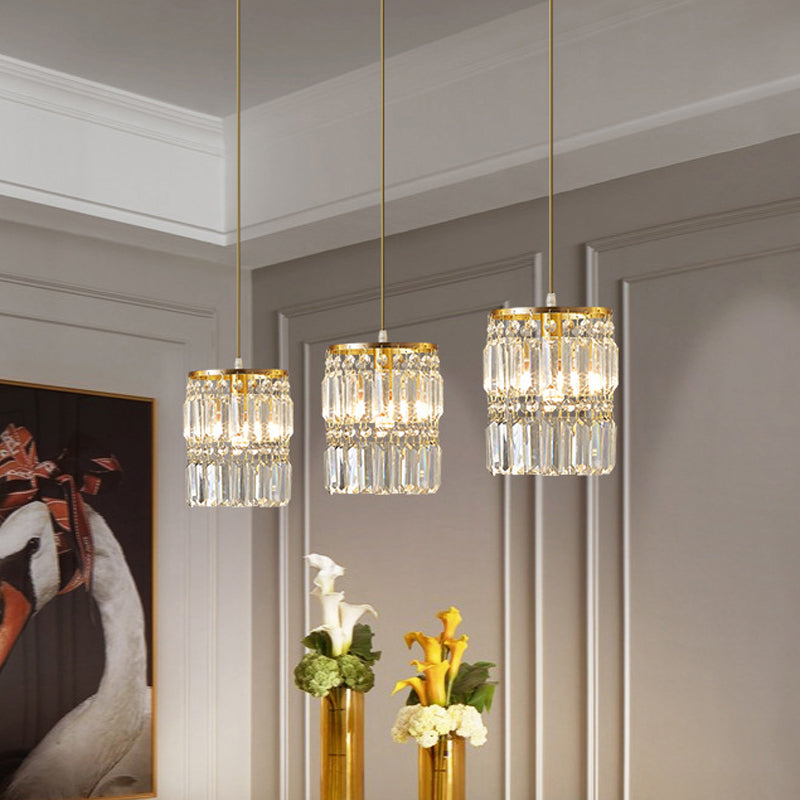Modern Multi-Pendant Brass Ceiling Light With Crystal Prism Cylinders