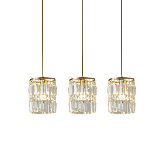 Modern Brass Pendant Ceiling Light With Crystal Prism Cylindrical Design – 3 Heads Round/Linear