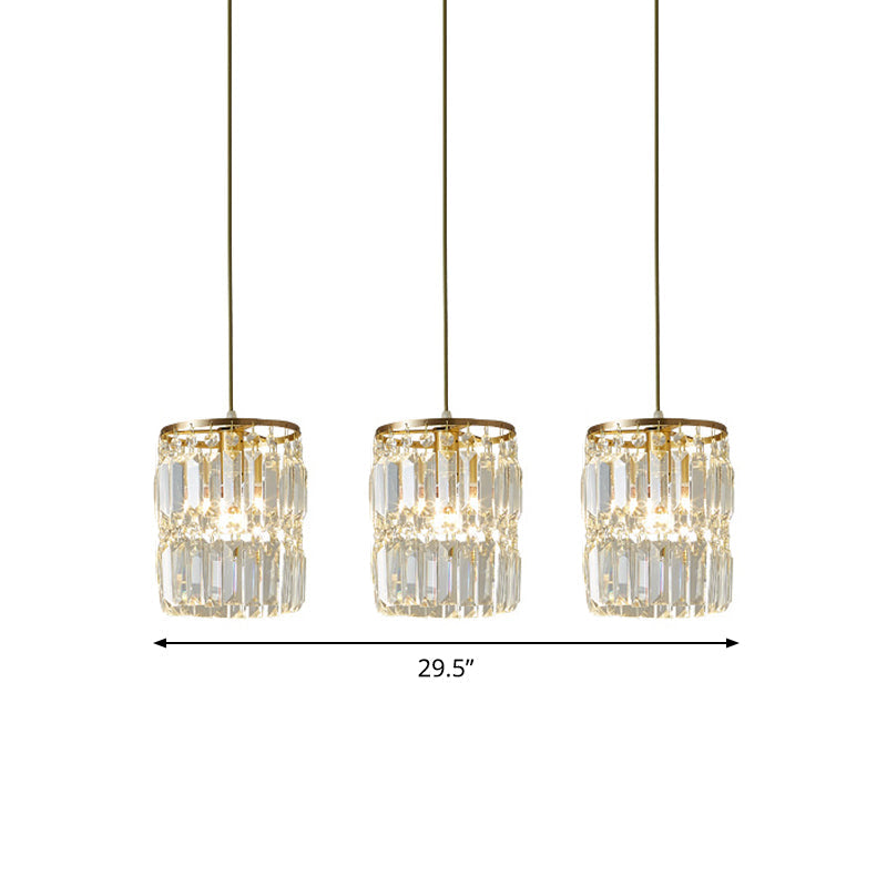Modern Brass Pendant Ceiling Light With Crystal Prism Cylindrical Design – 3 Heads Round/Linear