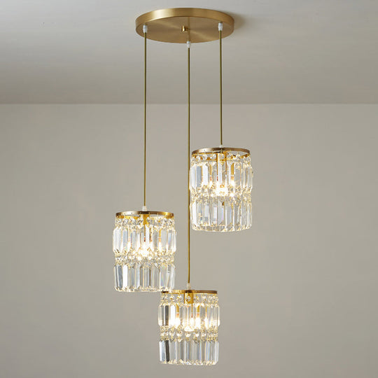 Modern Brass Pendant Ceiling Light With Crystal Prism Cylindrical Design – 3 Heads Round/Linear