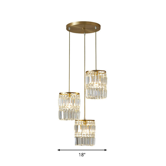 Modern Multi-Pendant Brass Ceiling Light With Crystal Prism Cylinders