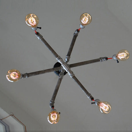 Rustic Aged Silver/Bronze Pipe Chandelier Lamp - Wrought Iron Exposed Bulb 6/8 Heads Indoor Hanging