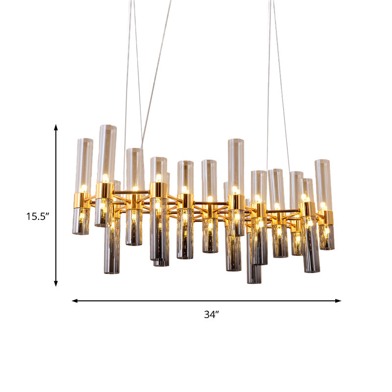 Modern Gold Pipe Chandelier With Smoke Glass Shades - 14/24/26 Lights Pendant For Bedroom