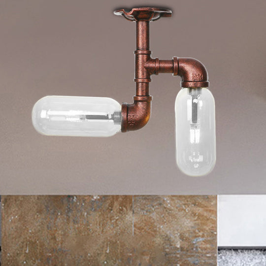 Vintage Clear Glass Semi Flush Light For Living Room With Weathered Copper Finish - 2 - Light