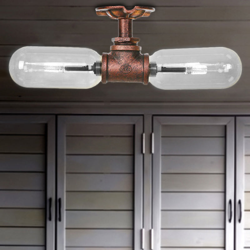 Vintage Clear Glass Semi Flush Light For Living Room With Weathered Copper Finish - 2 - Light