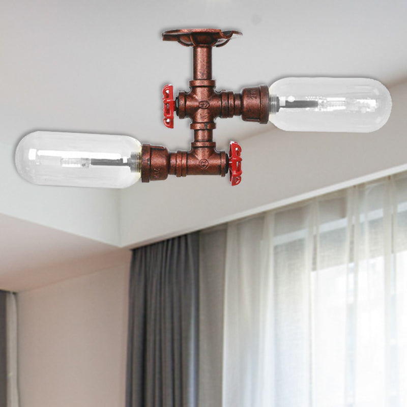 Vintage Clear Glass Semi Flush Light For Living Room With Weathered Copper Finish - 2 - Light