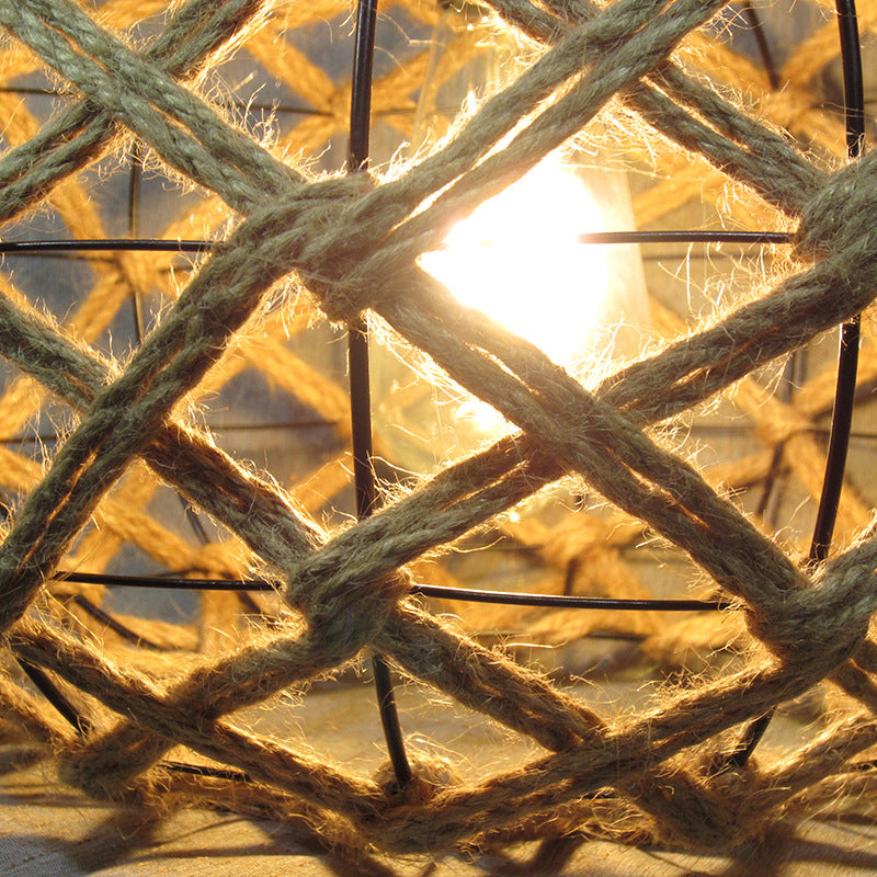 Beige Drum Ceiling Light With Industrial Hemp Rope & Ivy Decor - Single Pendant For Restaurants