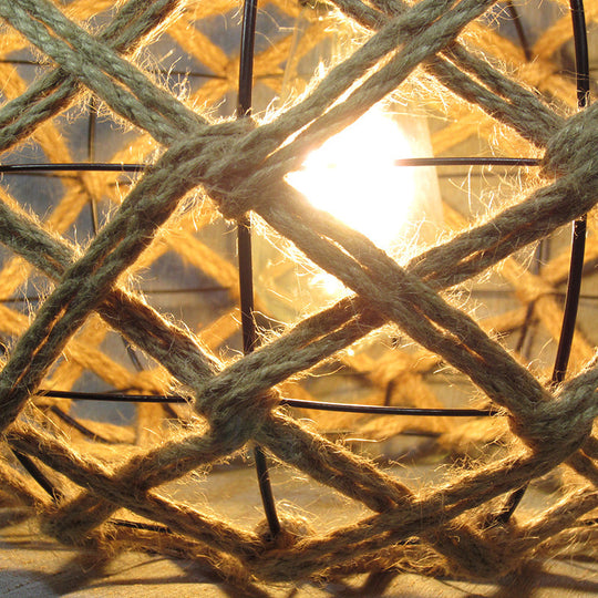 Industrial Hemp Rope Ceiling Pendant Light With Beige Drum Shade And Ivy Decor Single Restaurant