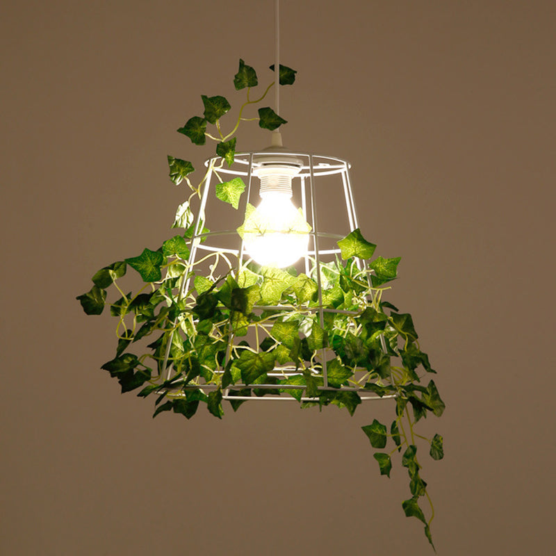 Iron Tapered Cage Pendant Ceiling Light With Decorative Ivy - Retro 1 Head Suspension Lighting For