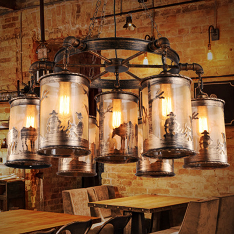 Bronze Cylinder Shade Chandelier Lamp: Antique Coastal Metal And Fabric 5/7 Lights Living Room