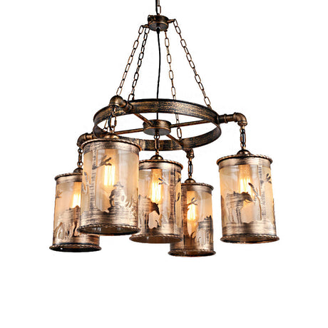 Bronze Cylinder Shade Chandelier Lamp: Antique Coastal Metal And Fabric 5/7 Lights Living Room