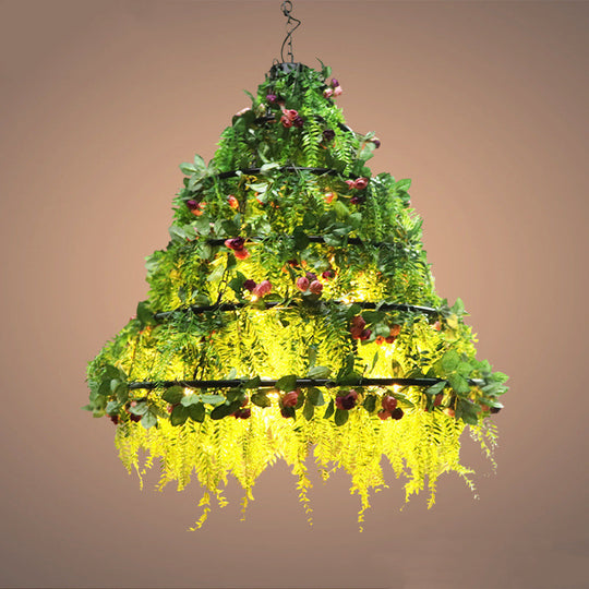 Geometric Vintage Chandelier With Artificial Plants - Metal Ceiling Light Fixture Red / Large