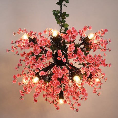 Vintage Pink Starburst Restaurant Chandelier With Cherry Blossom Decor - 13-Head Iron Ceiling