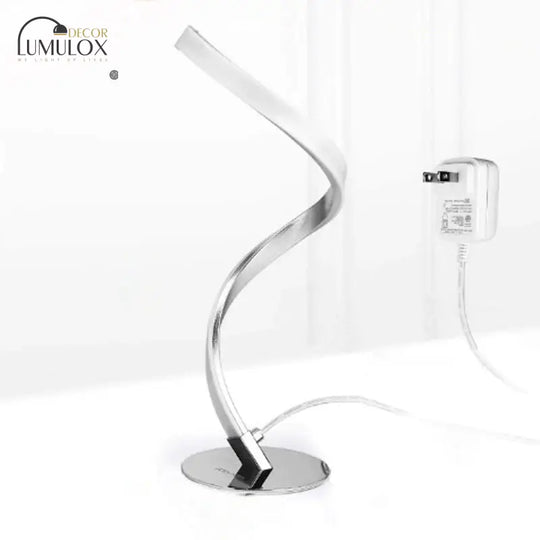 Spiral Shaped Metal Table Lighting Minimalist Single Bulb Silver Led Nightstand Lamp