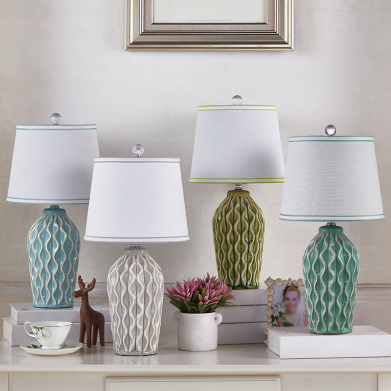 Nordic Style Fabric Conical Table Lamp With Pottery Decor - Single Nightstand Light