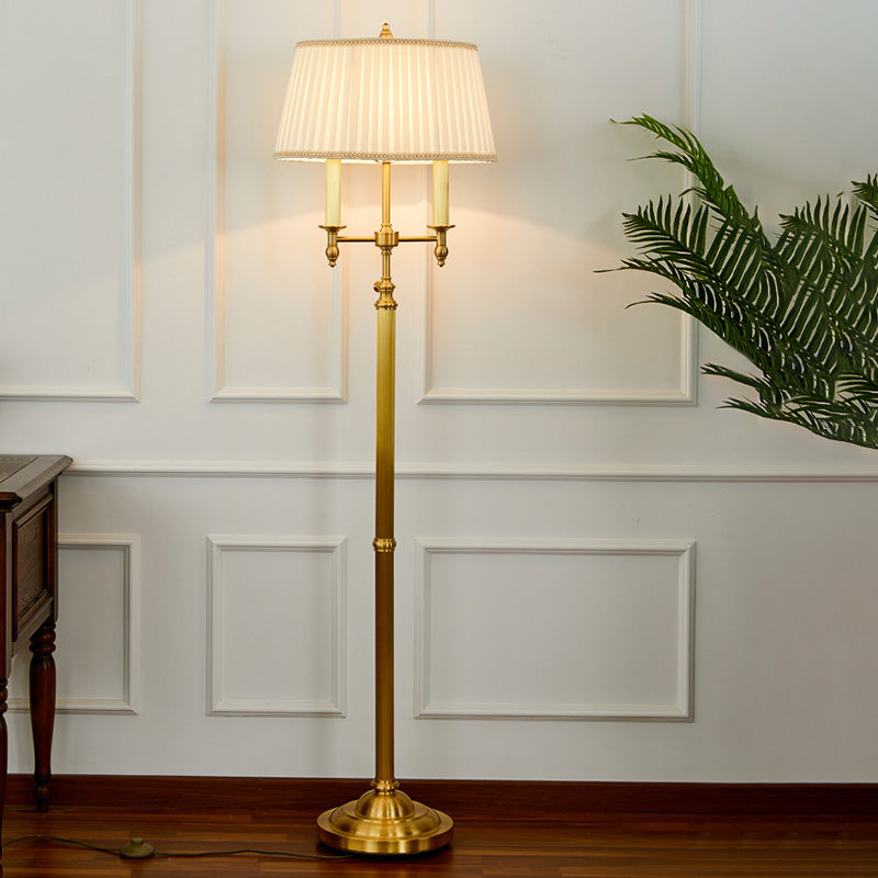Vintage Gold Candelabra Floor Lamp With Pleated Empire Shade - 2 Bulbs Metallic Finish Perfect For