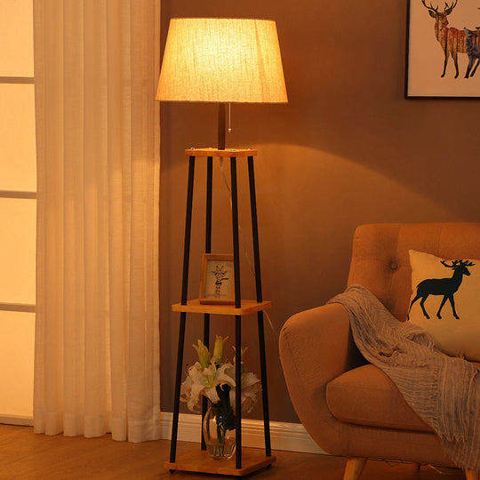 Traditional Fabric Tapered Drum Floor Lamp With 3-Layer Shelf In Black
