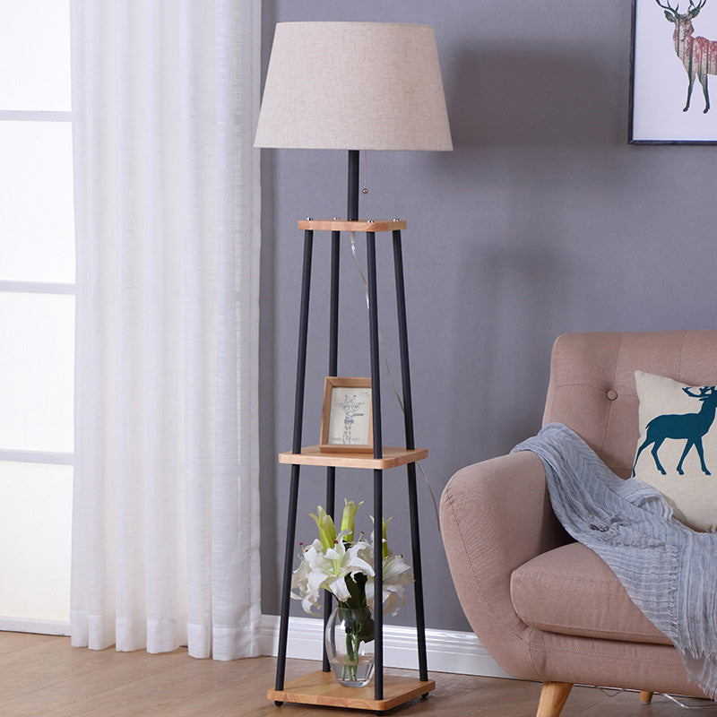 Traditional Fabric Tapered Drum Floor Lamp With 3-Layer Shelf In Black