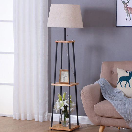 Traditional Fabric Tapered Drum Floor Lamp With 3-Layer Shelf In Black