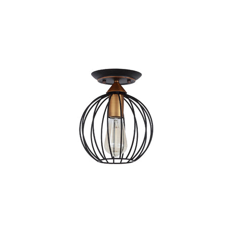 Industrial Semi Flush Ceiling Light With Caged Globe Shade - Black Metal Finish