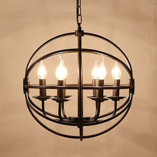 Industrial Black Metal Chandelier - 6-Light Candle Pendant With Globe Design For Dining Room