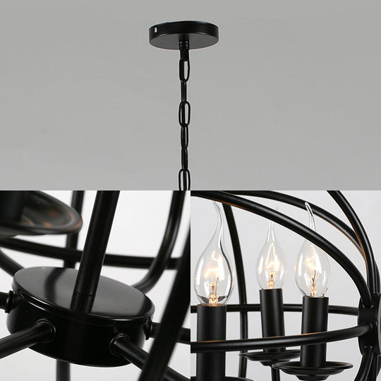 Industrial Black Metal Chandelier - 6-Light Candle Pendant With Globe Design For Dining Room