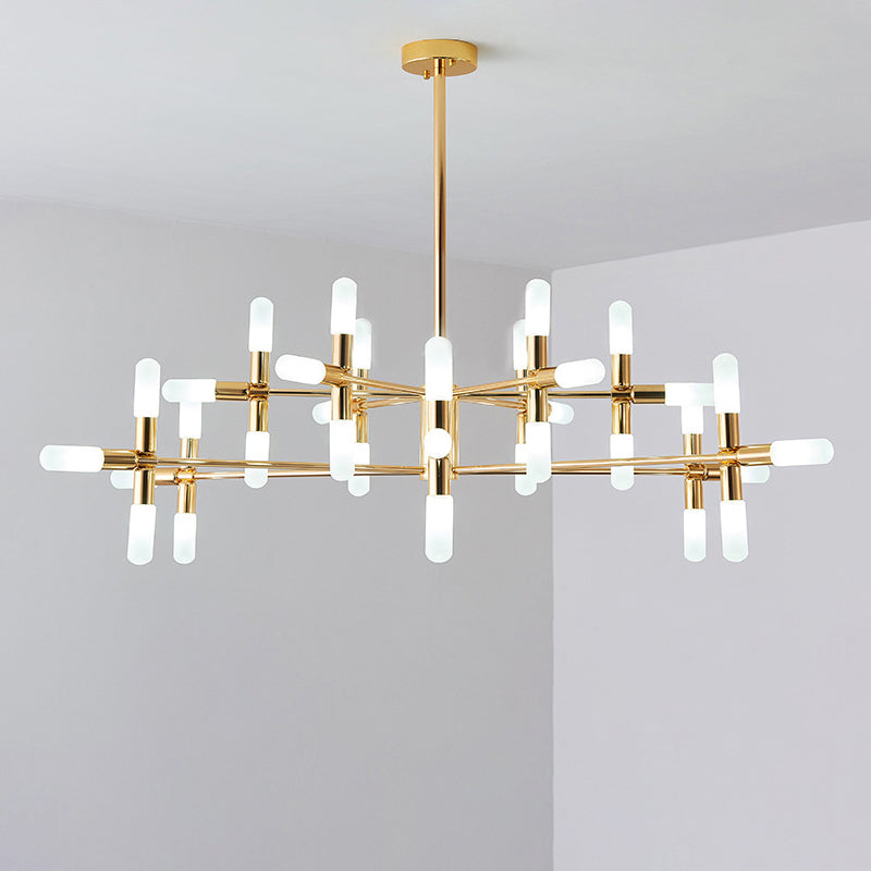 Contemporary Metal Chandelier - 18/36 Light Tubular Hanging Lamp Kit In Black/Gold With Starburst