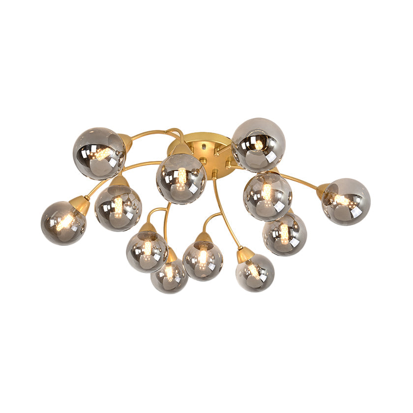 Modernist Amber/Smoky/Cream Glass Semi Flush Lamp With Grape Shape Led Lights - Gold Mount Fixture