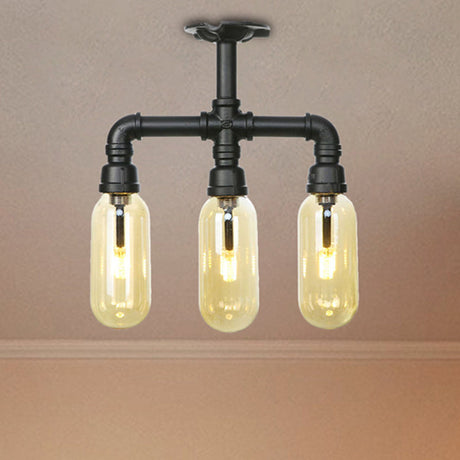 Vintage Amber Glass Ceiling Light With Matte Black Semi Flush Design - 3/4 Oval Shade