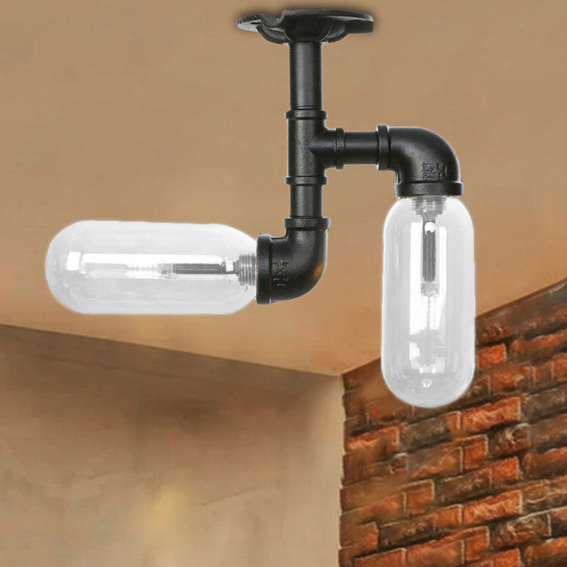 Vintage Matte Black Semi Mount Ceiling Light With Clear Glass Shades - 2 - Light Capsule Design / D