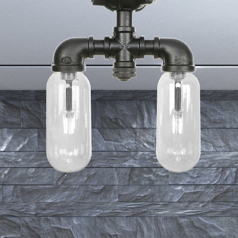 Vintage Matte Black Semi Mount Ceiling Light With Clear Glass Shades - 2 - Light Capsule Design / B