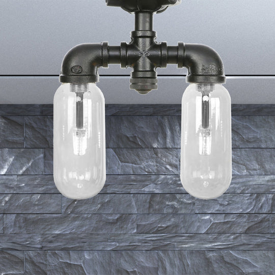 Vintage Matte Black Semi Mount Ceiling Light With Clear Glass Shades - 2-Light Capsule Design / B