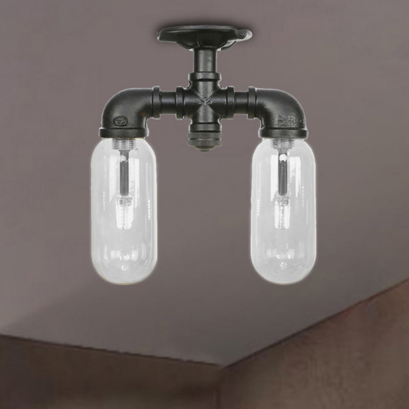 Vintage Matte Black Semi Mount Ceiling Light With Clear Glass Shades - 2-Light Capsule Design