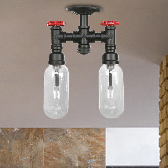 Vintage Matte Black Semi Mount Ceiling Light With Clear Glass Shades - 2 - Light Capsule Design / C