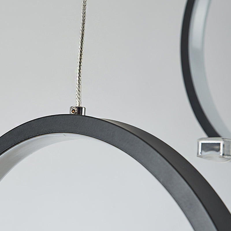 Simple Acrylic Linear And Ring Ceiling Chandelier - Black Hanging Light With Warm/White Glow