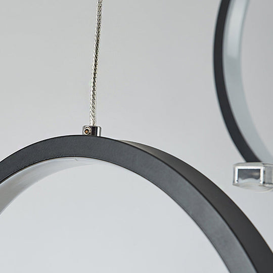 Sleek Acrylic Linear And Ring Ceiling Chandelier In Black With Warm/White Light - 1/2 Hanging
