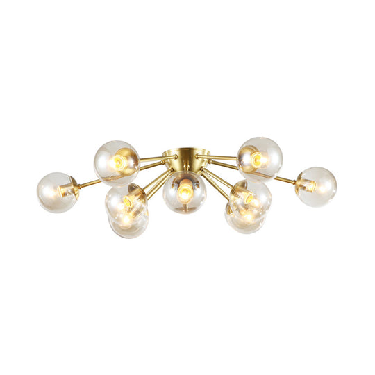 Modern Starburst Semi Flush Brass Light Fixture With Clear Glass