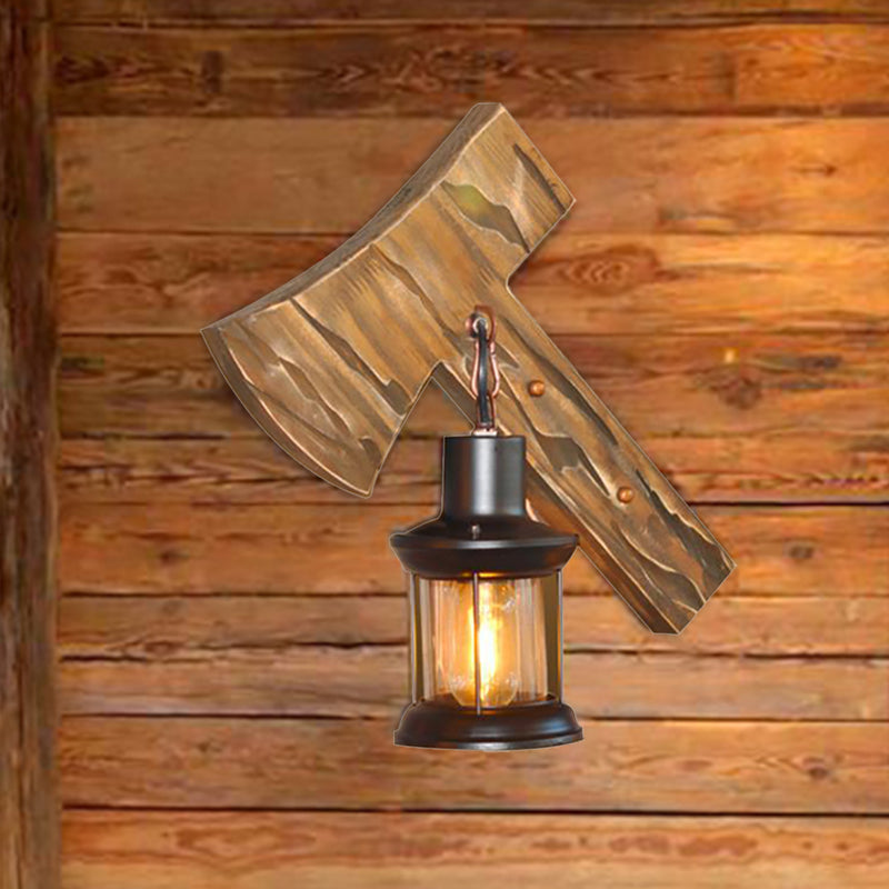 Rustic Lantern Indoor Wall Light: Unique Design Clear Glass 1 Light Sconce Lamp With Wooden